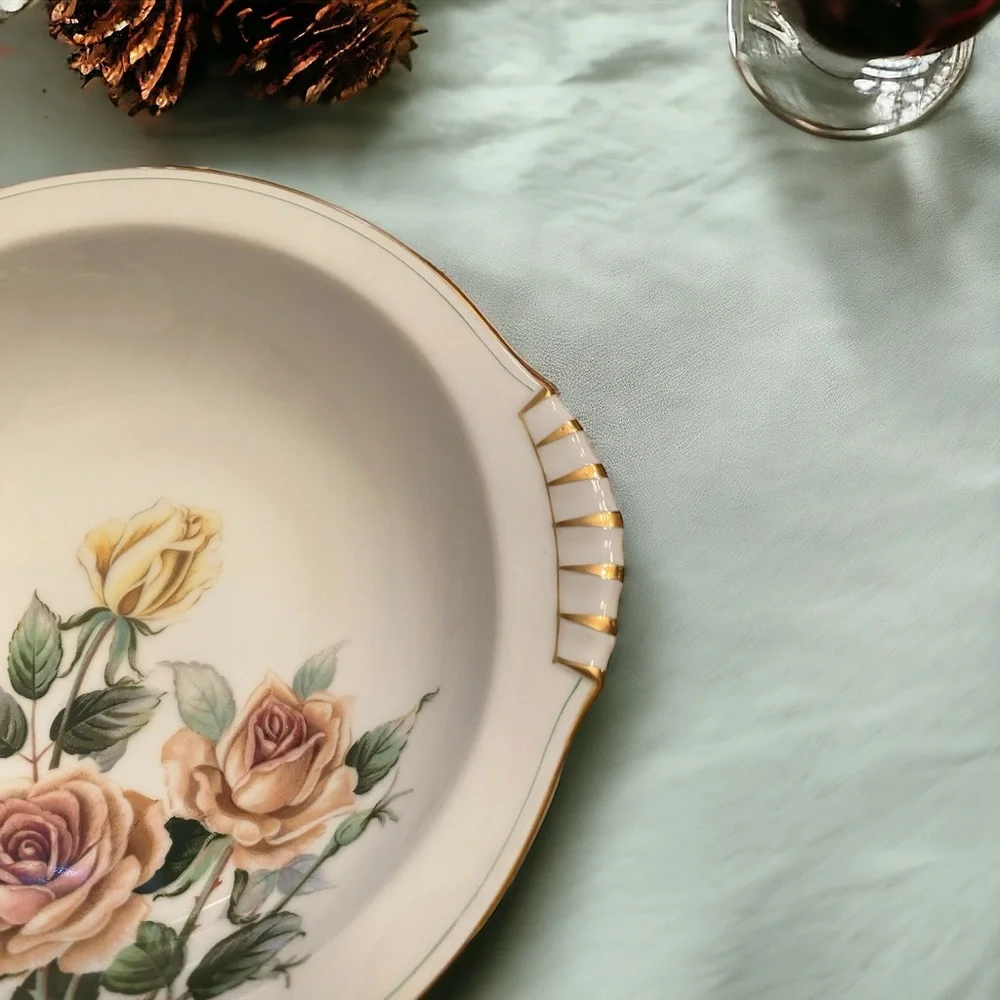 Vintage Kent China Trio Pattern Oval Serving Bowl Roses Gold Trim